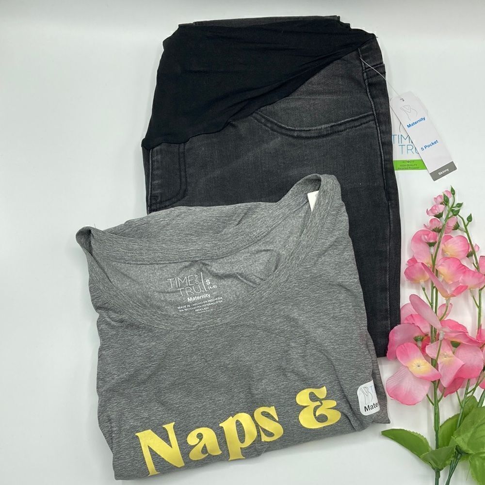 Women’s Maternity Denim Skinny Jeans & Short Sleeve Ultra Soft Shirt Size S